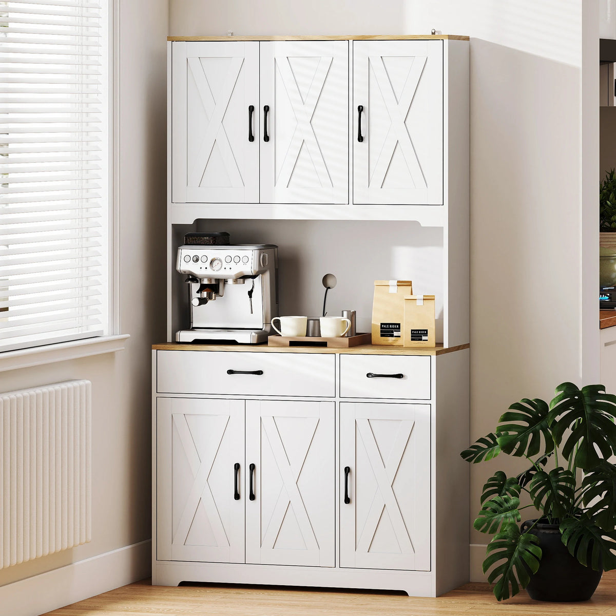 HOMCOM 175 cm Tall Kitchen Pantry Cabinet with Microwave Stand, Freestanding Pantry Cupboard, White