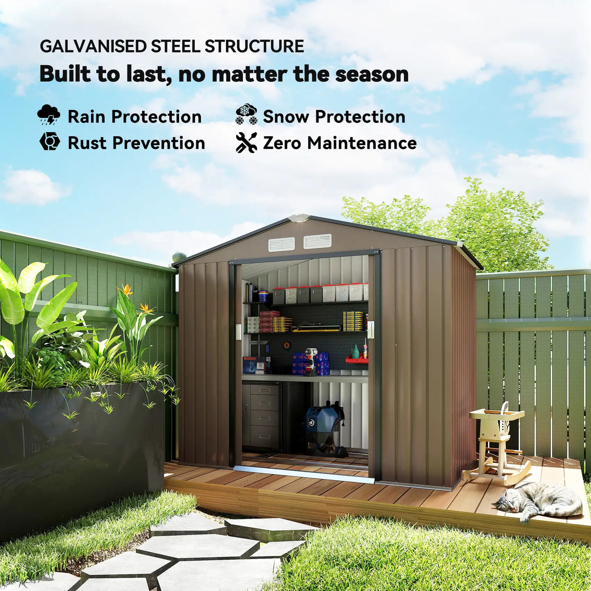 Outsunny 7 x 4ft Metal Garden Shed, Outdoor Storage Tool House with Ventilation Slots, Foundation Kit and Lockable Double Doors, Brown