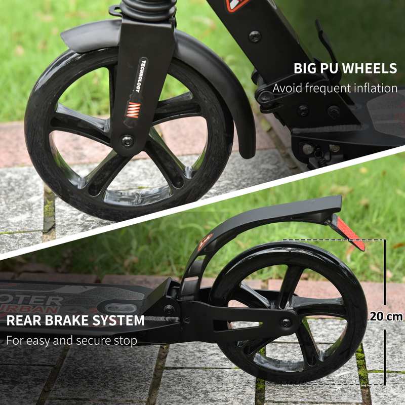 HOMCOM Folding Kick Scooter, Adjustable Ride On Scooter with 200mm Big Wheels and Double Shock Absorption, Urban Scooter for 14+ Teens Adult - Black