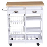 HOMCOM Rolling Kitchen Island Trolley Cart Drawer Shelves Basket Wheels W/  6 Bottle Wine Rack White