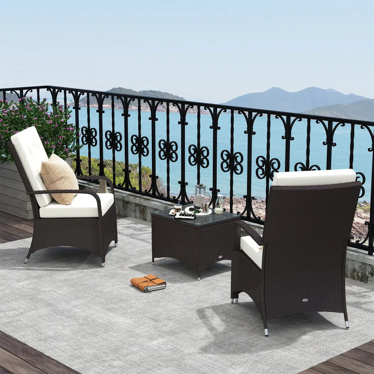 Outsunny 3 Pieces Rattan Bistro Set with Furniture Cover, Wicker Garden Furniture Set, Glass Top Coffee Table and Chairs with Cushions for Outdoor, Patio, Balcony, Cream White