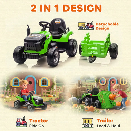 AIYAPLAY 12V Ride on Tractor and Trailer with Remote Control, Music, Shifter, Start-Up Sound, for Kids Ages 3-8 Years, Green