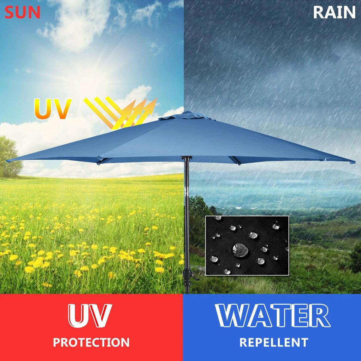 9ft Patio Market Table Umbrella with Push Button Tilt and Crank-Blue