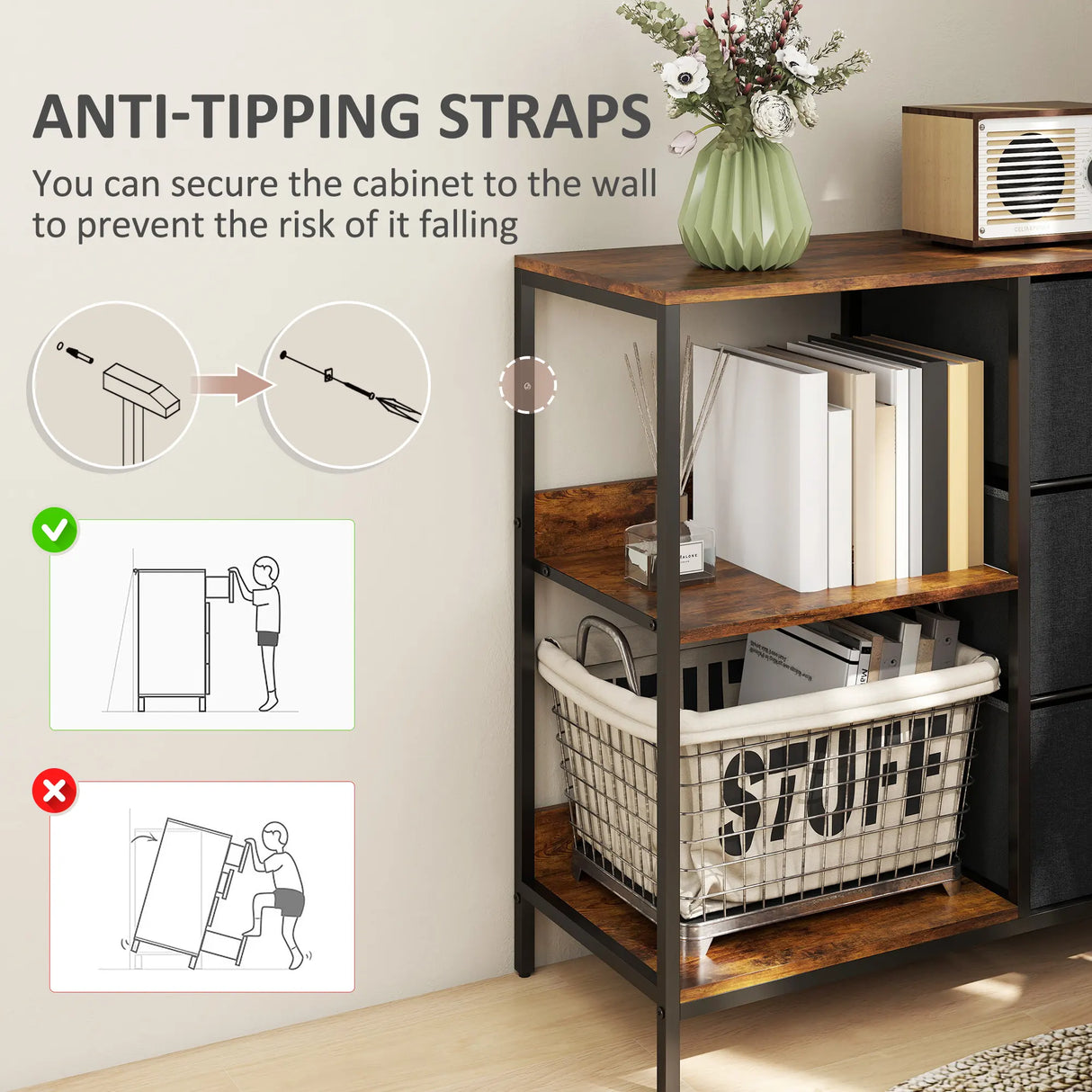 HOMCOM Chest of Drawers Storage  Dresser Cabinet Organizer with 3 Fabric Drawers and 2 Display Shelves for Living Room, Bedroom, Hallway, Black