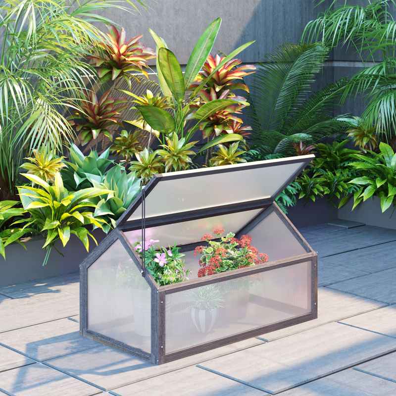 Outsunny Wooden Cold Frame Garden Polycarbonate Greenhouse with Openable Top Cover, Grow House for Flowers, Vegetables, Plants, 90 x 52 x 50cm, Grey