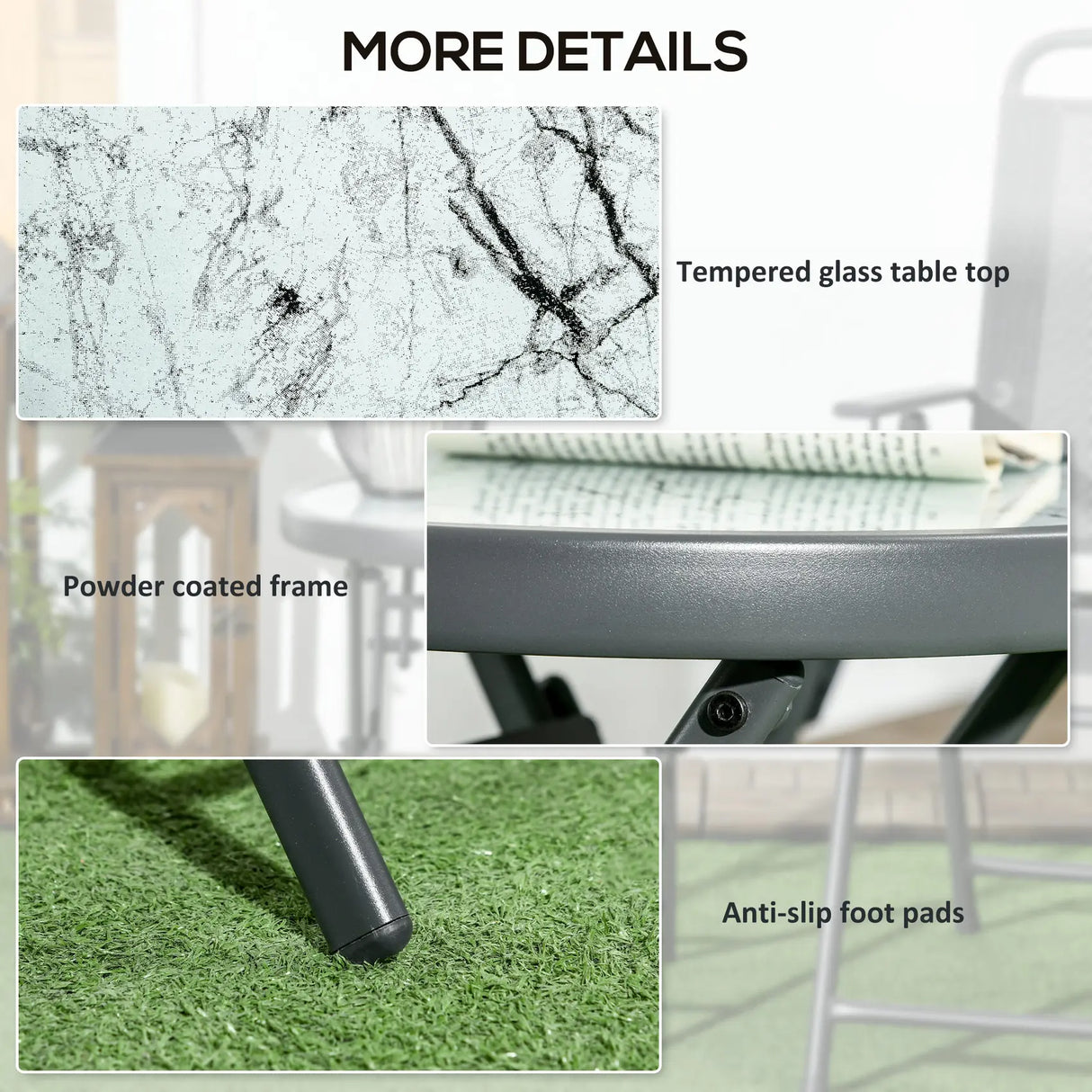 Outsunny 45cm Garden Side Table, Outdoor Round Folding Patio Table with Imitation Marble Glass Top, Small Coffee Table, White