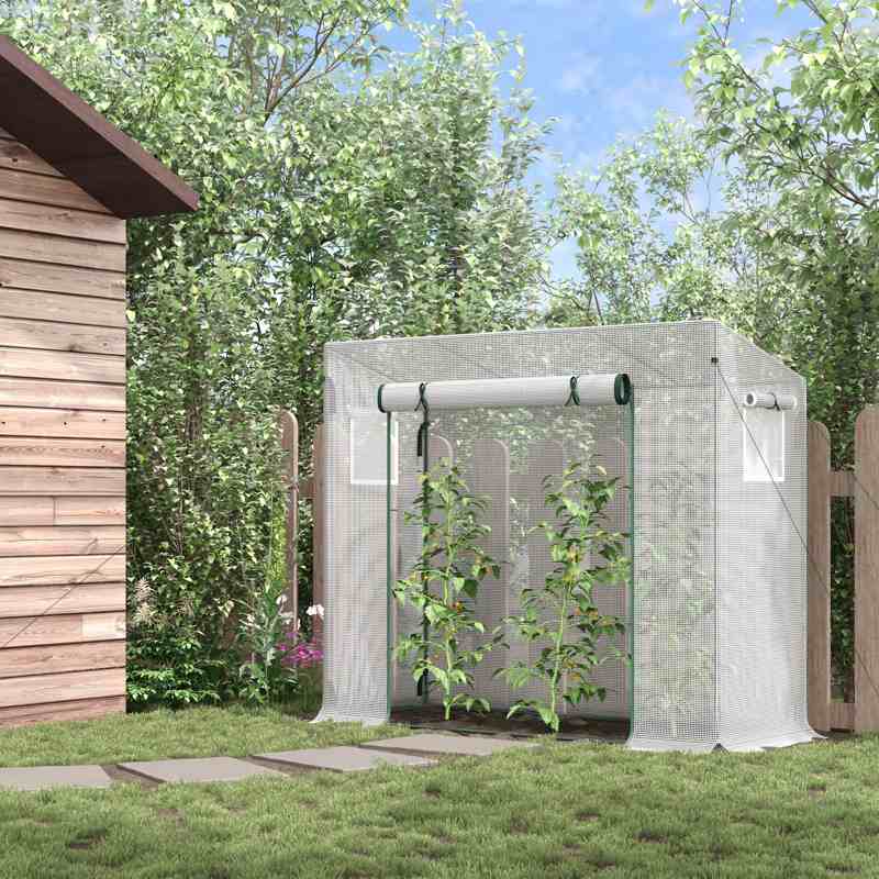 Outsunny Small Walk-in Garden Greenhouse with Steel Frame, Large Roll-up Door and Windows, 200Lx76Wx168Hcm, White