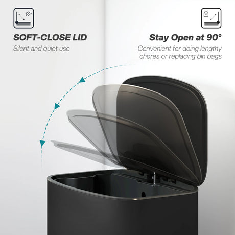 HOMCOM 50L Kitchen Bin with Soft-Close Lid and Stay-Open Function, Stainless Steel Pedal Bin with Removable Inner Bucket, Carry Handle for Kitchen, Office, Home, Black