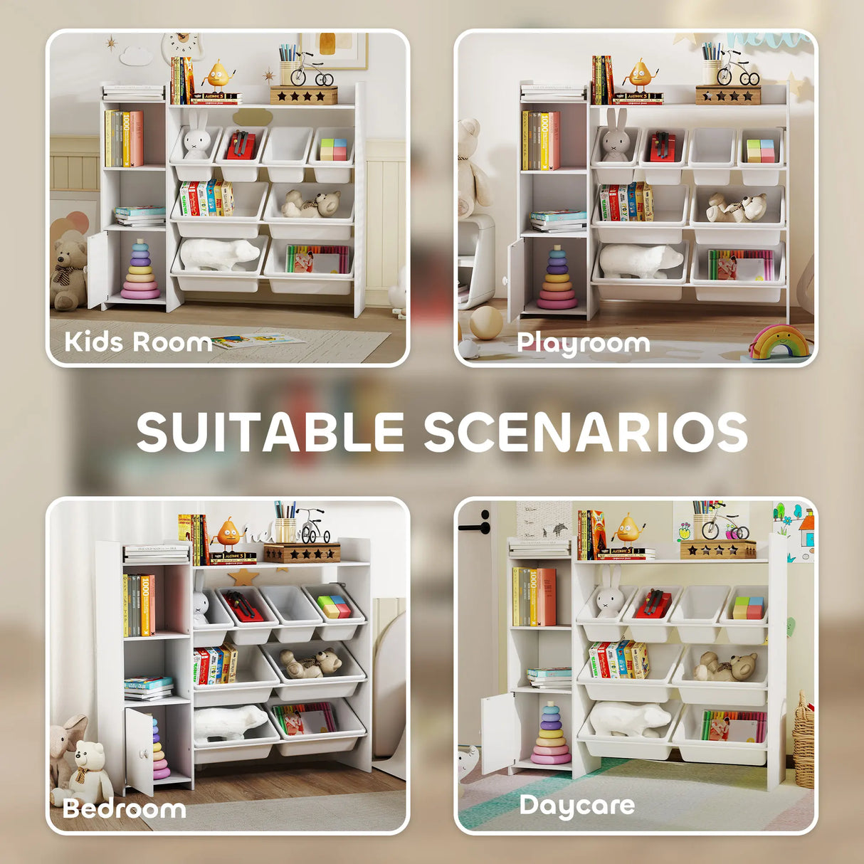 AIYAPLAY Toy Storage Unit with 8 Removable Bins, Storage Shelves, Cabinet, White