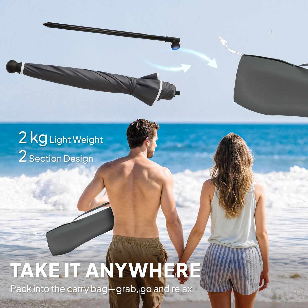 Outsunny 1.8 m Beach Umbrella Parasol with Sand Anchor, Portable 30 Tilting Patio Sun Shade with Adjustable Height, Dark Grey