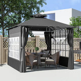 Outsunny 3 x 3 m Garden Gazebo, Double Roof Metal Gazebo with Removable Sidewalls and Church Windows, Outdoor Canopy Shelter, Dark Grey