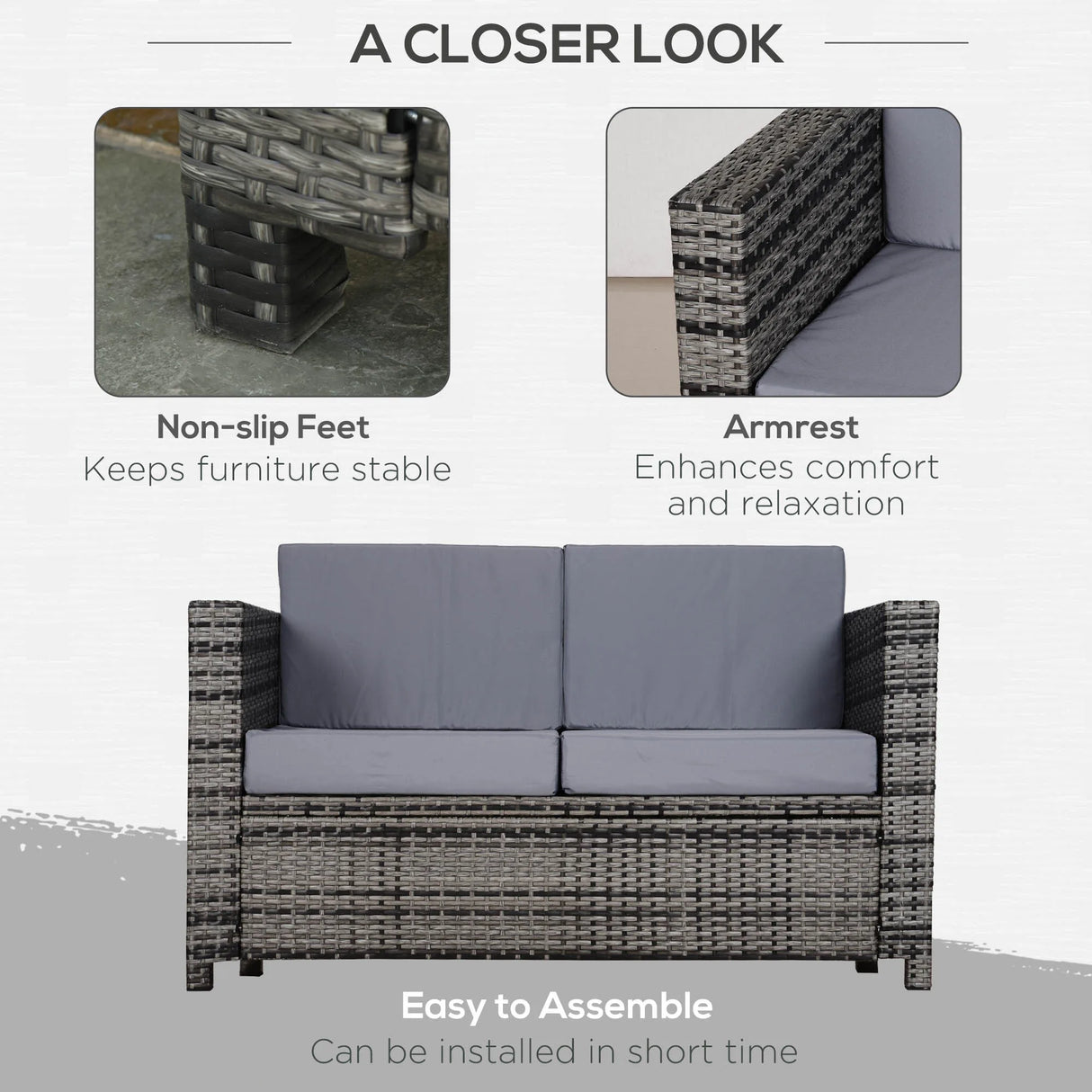 Outsunny Rattan Sofa, 2 Seater Garden Furniture with Soft Padded Cushion and Armrests, Wicker Garden Loveseat for Patio, Mixed Grey