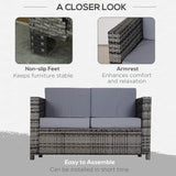 Outsunny Rattan Sofa, 2 Seater Garden Furniture with Soft Padded Cushion and Armrests, Wicker Garden Loveseat for Patio, Mixed Grey