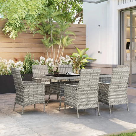 Outsunny Seven-Piece Rattan Dining Set - Mixed-Grey