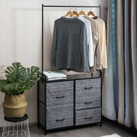 Fabric Drawer Dresser with Clothes Rack