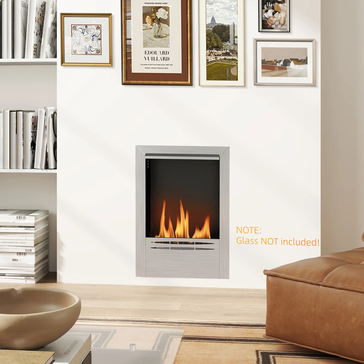 HOMCOM Stainless Steel Ethanol Fireplace Insert, Bioethanol Fire, Indoor Ethanol Burner with 0.9 Litres Volume, Cover Lid, Burns for Up to 3.3 Hours, 48 x 59 cm, Silver