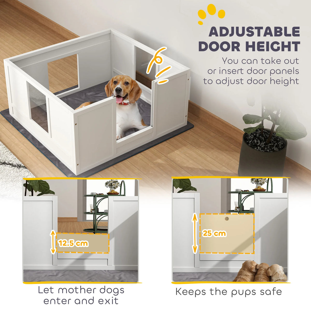 PawHut Whelping Box for Dogs with Whelping Pad, Adjustable Entrance, Non-slip Foot Pads, for Medium Dogs, 100 x 96cm