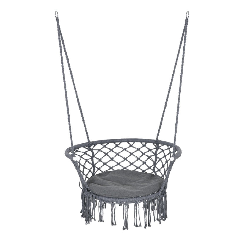 Outsunny Outdoor Hanging Rope Chair with Cotton Rope, Cotton-Polyester Blend Macrame Garden Hammock Chair with Seat Cushion, Support Backrest, for Patio, Garden, Porch, Dark Grey