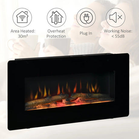 HOMCOM Electric Wall-Mounted Fireplace Heater with Adjustable Flame Effect, Remote Control, Timer, 1800/2000W, Black