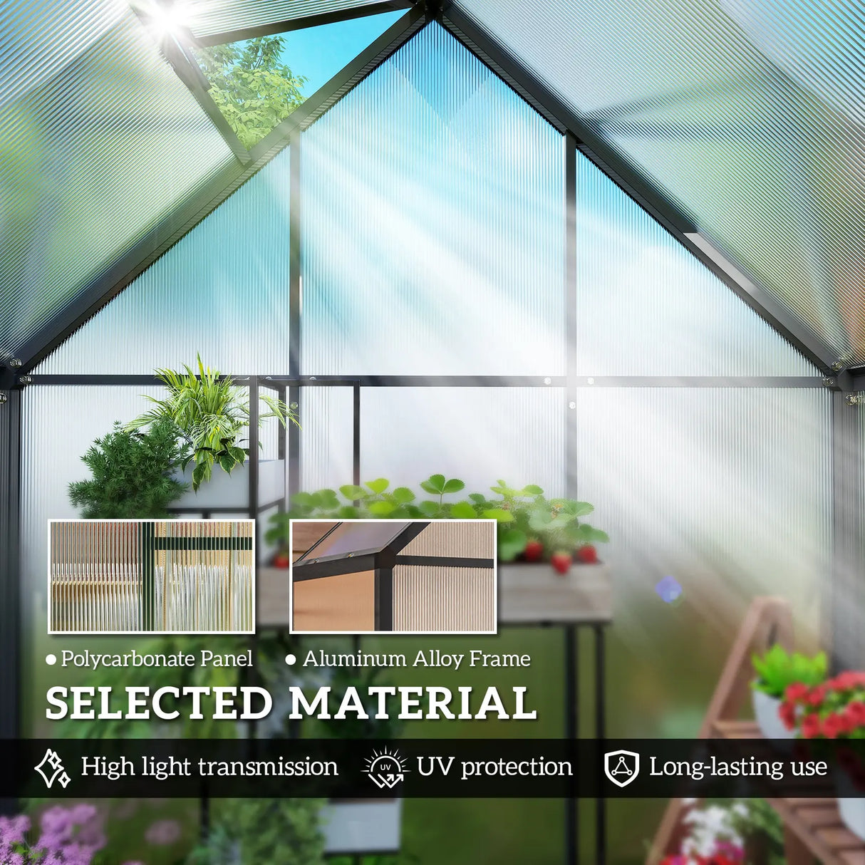 Outsunny Polycarbonate Greenhouse with Swing Door and Adjustable Window, Walk-in Greenhouse, 5.5 x 6.5ft, Black