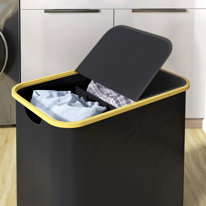 HOMCOM Double Laundry Basket With Lid, 80L Collapsible Laundry Hamper with Groove Handles, Washing Basket for Bathroom, Bedroom, Laundry Room, Black