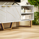 HOMCOM Marble Effect TV Unit, TV Stand Cabinet for up to 70" TVs, Modern TV Cabinet with Shelves and Storage Cupboard, Fluted Door, Extra Centre Leg, Cable Management for Living Room, White