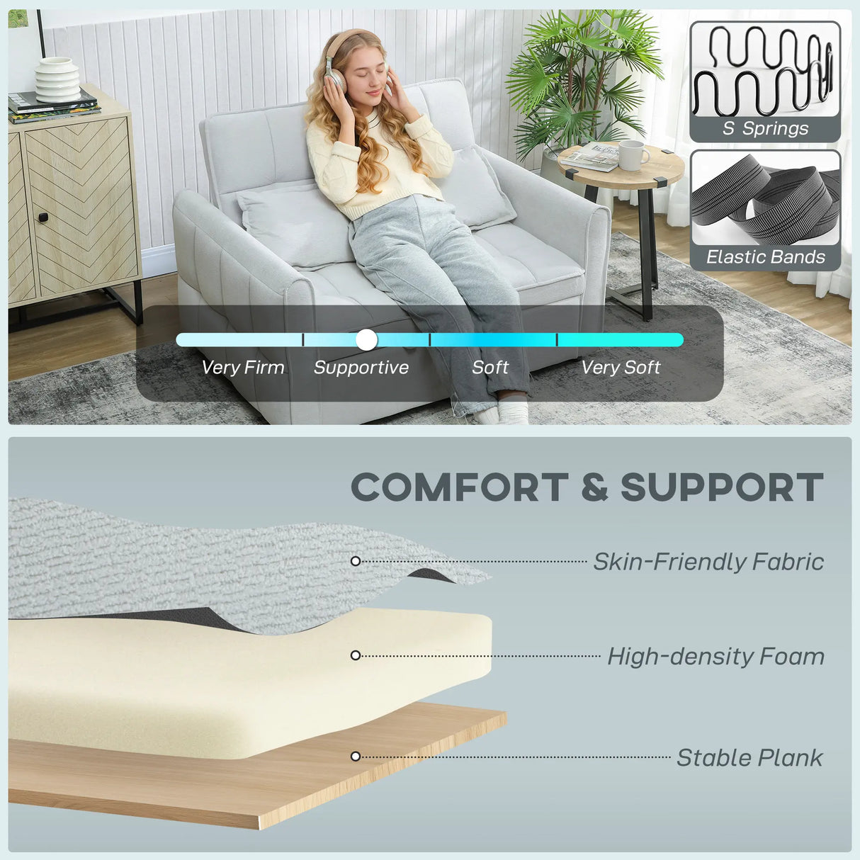 HOMCOM 2 Seater Sofa Bed, 3-in-1 Convertible Sleeper Sofa with Click-clack Adjustable Backrest and 2 Pillows, Light Grey