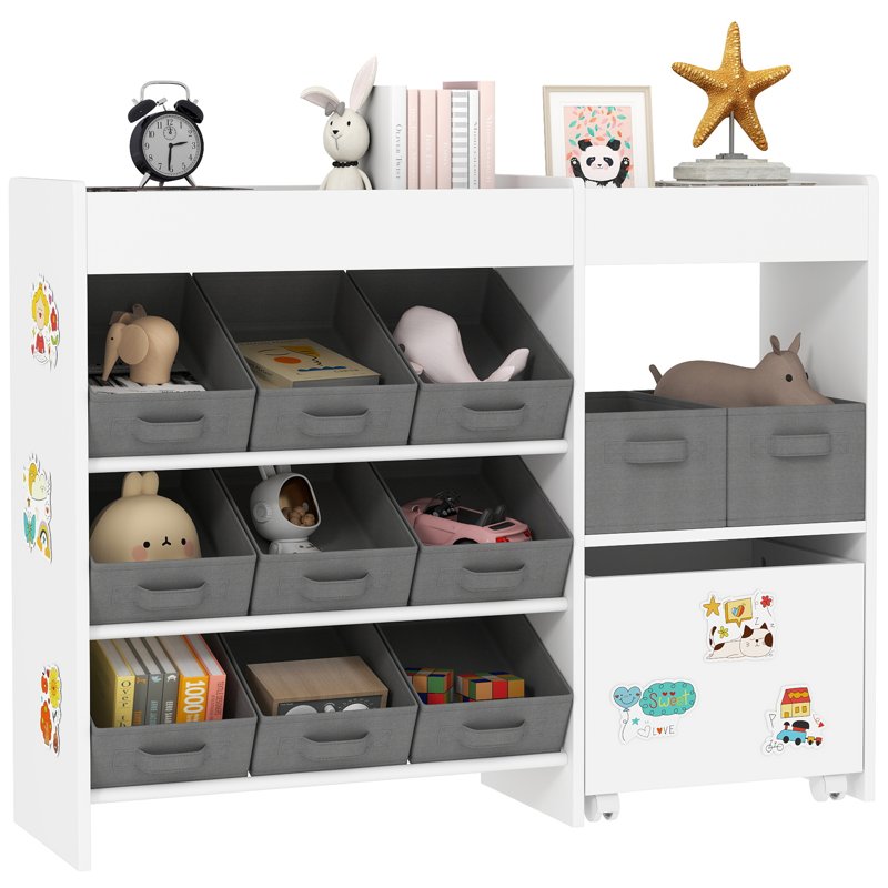 AIYAPLAY Kids Toy Storage Unit with 11 Bins, Cabinet, Top Shelves, 3 Stickers, for Nursery, Playroom, Kindergarten, White