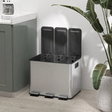 HOMCOM 3 x 20L Pedal Bin, Steel Triple Kitchen Bin with Soft Close Lid, Removable Inner Buckets, Fingerprint-Proof, Silver Tone