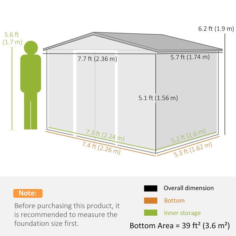 Outsunny 7.7 x 5.7ft Metal Garden Shed with Ventilation Slots and Sliding Doors, Galvanised Outdoor Tool Storage House, Green