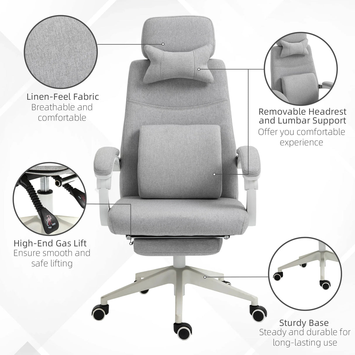 Vinsetto Office Chair, Ergonomic Desk Chair, High Back Fabric Work Chair with 160 Reclining Backrest, Retractable Footrest, Neck and Lumbar Pillow for Home and Study, Grey