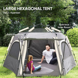Outsunny Instant Pop Up Camping Tent, 2/3/4 Person Easy Setup Dome Family Tent with Vestibule, Rainfly, 4 Mesh Windows & 2 Doors, Hexagonal Design, Waterproof & UV Protected, Dark Grey