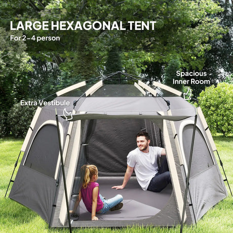 Outsunny Instant Pop Up Camping Tent, 2/3/4 Person Easy Setup Dome Family Tent with Vestibule, Rainfly, 4 Mesh Windows & 2 Doors, Hexagonal Design, Waterproof & UV Protected, Dark Grey