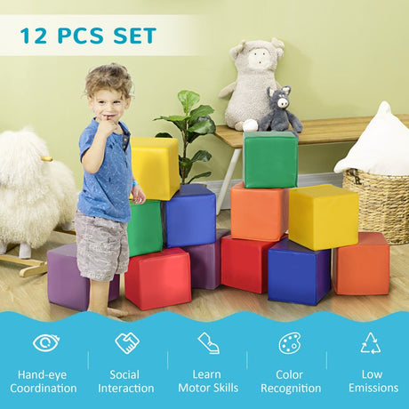 HOMCOM 12 Piece Soft Play Foam Blocks Toy Building Stacking Compliant Learning Toys for Toddler Baby Kids Preschool