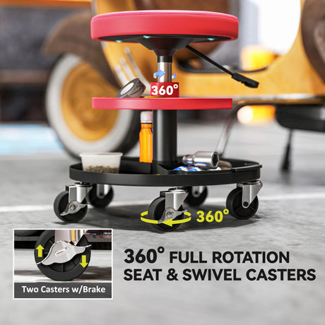HOMCOM Rolling Mechanic Stool, 135kg Capacity Workshop Stool, 360 Swivel Roller Padded Creeper Seat with Wheels, Tool Trays Storage for Garage, Shop, Auto Repair, Red
