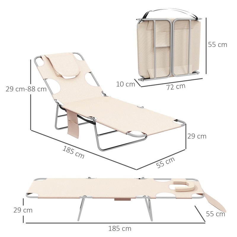 Outsunny Foldable Sun Lounger Set of 2, Beach Chaise Lounges with Reading Hole, Arm Slots, 5-Position Adjustable Backrest, Side Pocket, Pillow for Patio, Garden, Beach, Pool, Beige