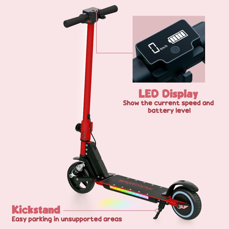 SPORTNOW Folding Electric Scooter for Kids Age 6-14 with Dual Brakes, Front Suspension, LED Colourful Lights and Display, 6.8kg Lightweight Aluminium E Scooter, Up to 14 KM/H & 6 KM, Red