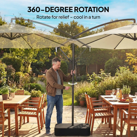 Outsunny 3 m Garden Cantilever Parasol with Cross Base, Sandbag, 360 Rotating Overhanging Banana Umbrella, Beige