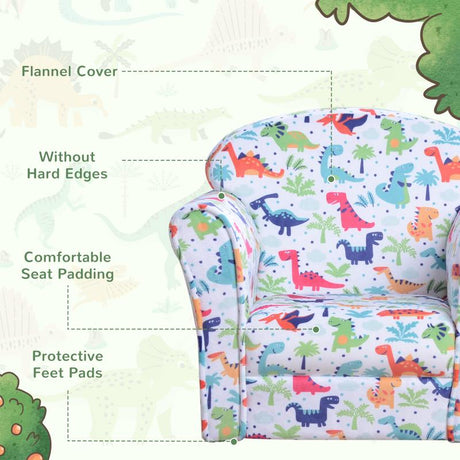 HOMCOM Children Armchair Kids Sofa Tub Chair Seat Cartoon Dinosaur Pattern Bedroom Flannel Wooden Frame Non-slip Playroom Seater