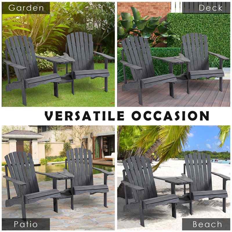 Outsunny Wooden Outdoor Double Adirondack Chairs Loveseat w/ Centre Table and Umbrella Hole, Garden Patio Furniture for Lounging and Relaxing, Dark Grey