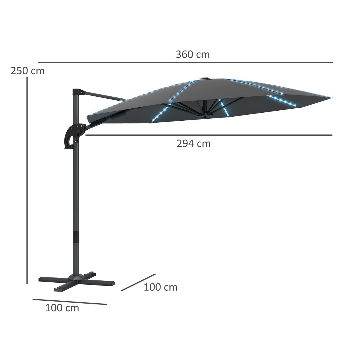 Outsunny 3(m) Cantilever Garden Parasol with Solar Powered Lights, Crank Handle & Cross Base, UPF 50+, 360 Rotation, Dark Grey