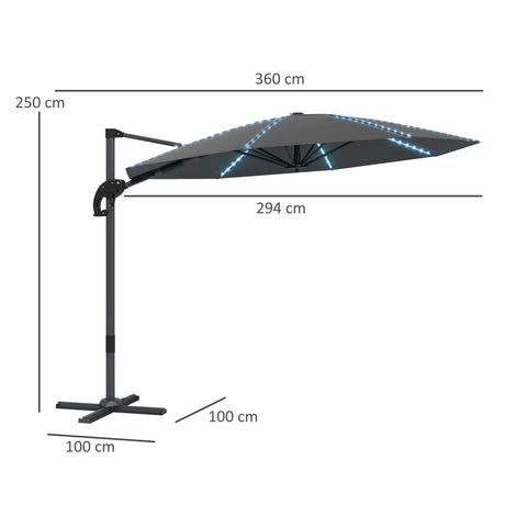 Outsunny 3(m) Cantilever Garden Parasol with Solar Powered Lights, Crank Handle & Cross Base, UPF 50+, 360 Rotation, Dark Grey