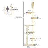 PawHut Floor to Ceiling Cat Tree for Indoor Cats, 6-Tier Play Tower Climbing Activity Center with Scratching Post, Platforms, Bed, Hammock, Adjustable Height 230-250cm, Beige