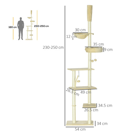 PawHut Floor to Ceiling Cat Tree for Indoor Cats, 6-Tier Play Tower Climbing Activity Center with Scratching Post, Platforms, Bed, Hammock, Adjustable Height 230-250cm, Beige