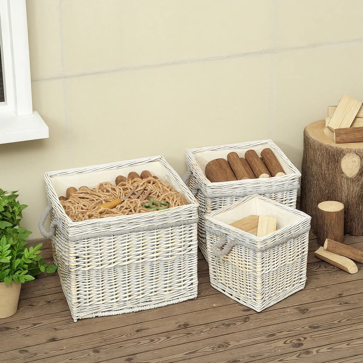 Outsunny Set of 3 Log Baskets for Wood Burner Indoor, Round Storage Basket with Lining and Rope Handles for Fireside Storage, Blankets, Beige