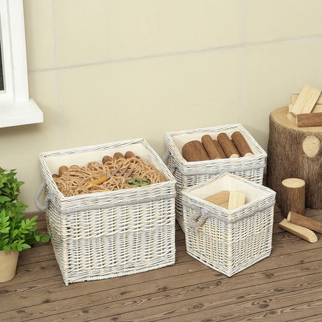 Outsunny Set of 3 Log Baskets for Wood Burner Indoor, Round Storage Basket with Lining and Rope Handles for Fireside Storage, Blankets, Beige