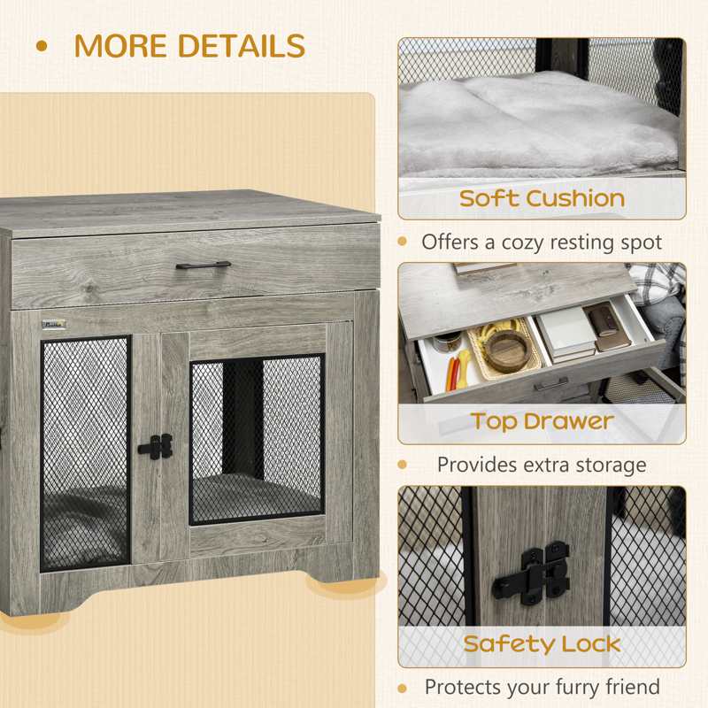 PawHut Dog Cage End Table with Two Doors, Drawer, for Medium Dogs - Grey