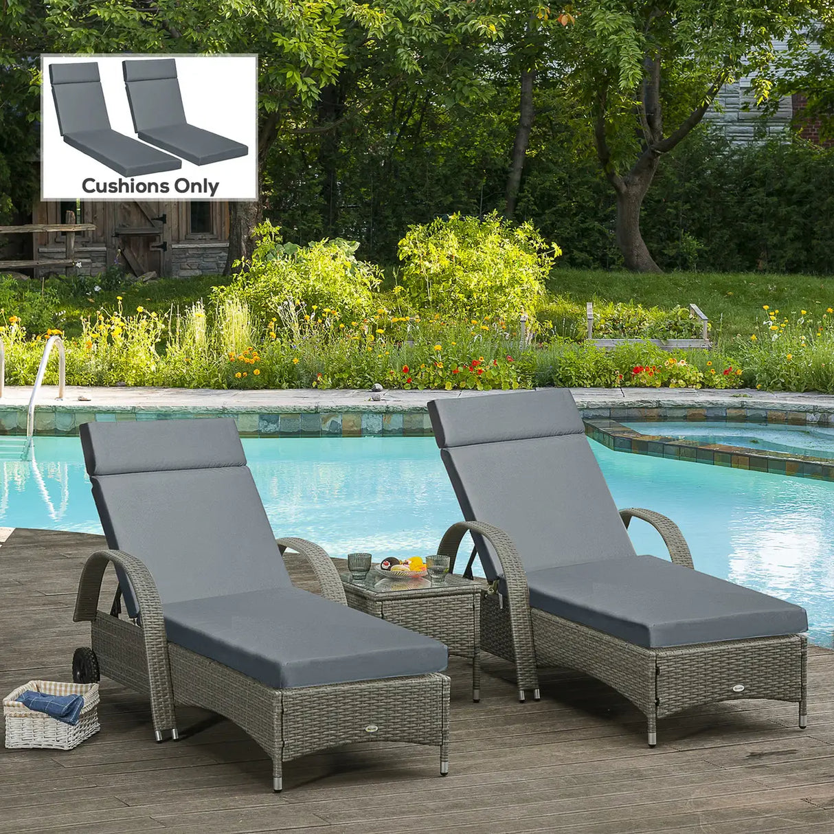 Outsunny Set of 2 Sun Lounger Cushions, Replacement Cushions for Rattan Furniture with Ties, 196 x 55 cm, Cushion ONLY, Dark Grey