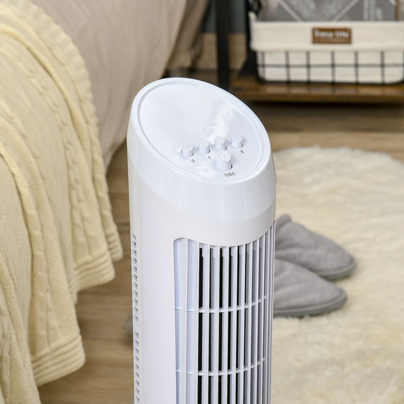HOMCOM Tower Fan for Bedroom Cooling, 30 Inch Electric 70 Oscillating Fan with 3 Speed Settings, Standing Floor Fan for Home Office Indoor, White