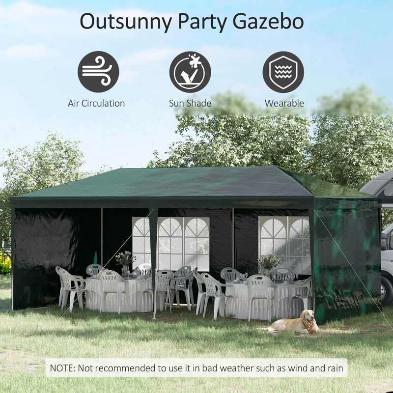 Outsunny 6x3 m Party Tent Gazebo Marquee Outdoor Patio Canopy Shelter with Windows and Side Panels, Green